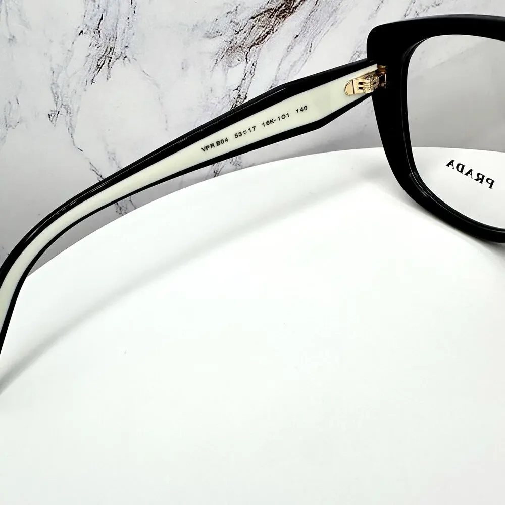 New PRADA Eyeglasses Cat Eye Black White Gold 53-17-140 Womens